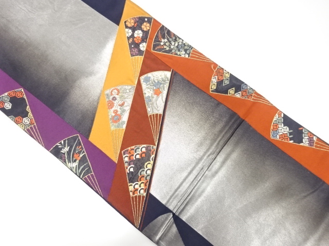 斜め縞に扇・草花模様織出し袋帯